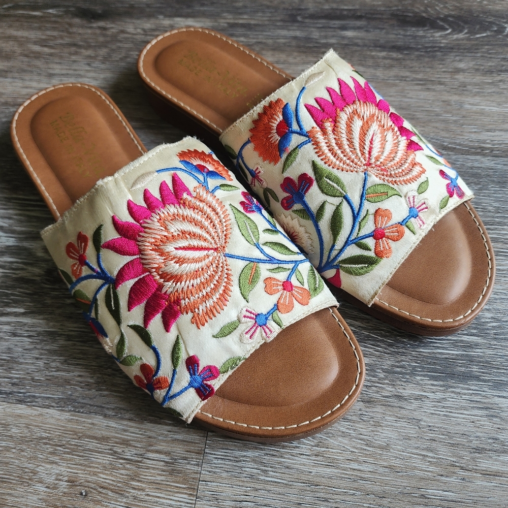 Bella Vita Cream Slide Sandals with Multicolor Floral Embroidery